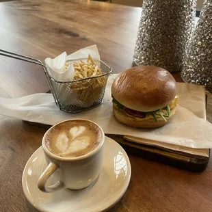 Espresso Cortado with breakfast sandwich and frites on a cold December morning