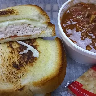 The Libby - Grilled turkey, provolone, bacon, chipotle mayo on sourdough with a cup of chicken chili