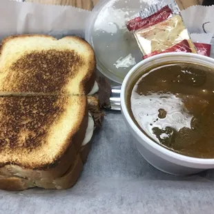 Roast beef sandwich and steak soup.