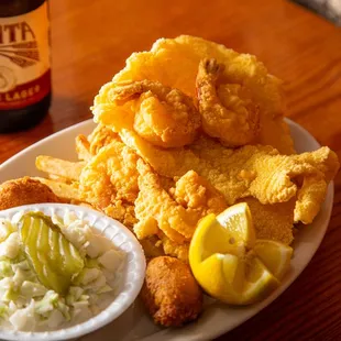Thin Fried Catfish and Fried Shrimp with Cole Slaw, Hush Puppies and French Fries