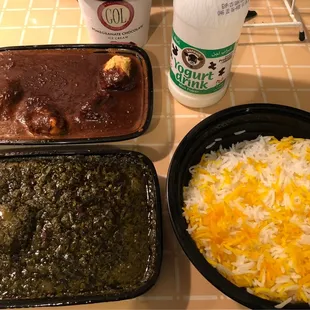 From Top:  Fesenjan, Yogurt, Gormeh Sabzi, Rice