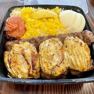 Chicken Thigh Kabob plate ($18) + added Koobideh Kabob ($7). Great value, and well-portioned! The koobideh was a standout!