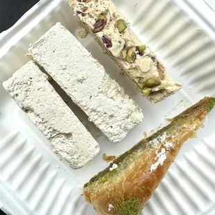 Vanilla Halva ($7.99/lb), Pistachio Halva ($8.99/lb), Triangle Baklava ($4)