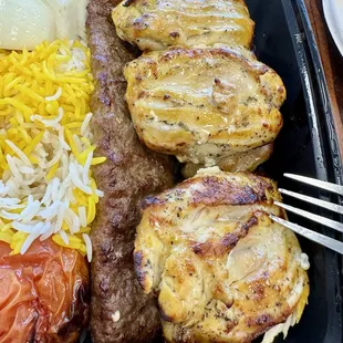 Close up of the Chicken Thigh Kabob and Koobideh Kabob. Look how the chicken glistens!