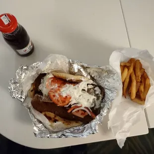 Gyro wrap with fries and pomogrante juice