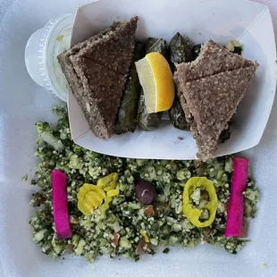 Kibbie and Grape Leaves Plate (tabouli salad with it)