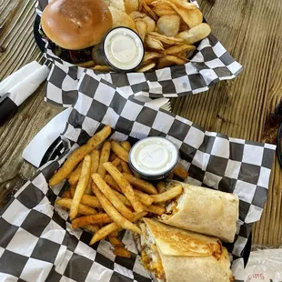 Buffalo chicken wrap and bacon Brie burger