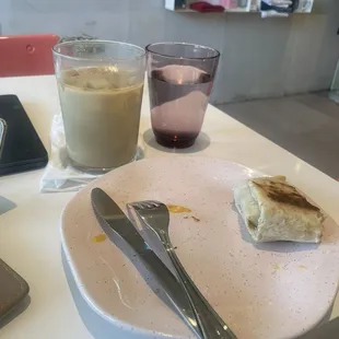 Breakfast burrito and iced latte