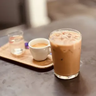 Espresso and iced mocha.