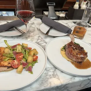 Salmon and pork chop