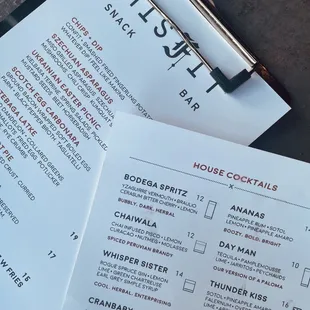 Misfit Snack Bar menu and Middleman cocktail menu.