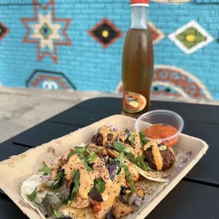 Chicken kabob taco, falafel taco (vegetarian), pear soda!