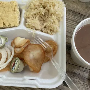 Tuesday special--soup beans, cornbread, sauerkraut and weenies, home fries, drink