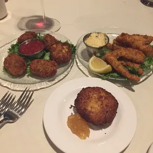 Mac n Cheese bites on the top left; Walleye Fingers top right and Crab Cake - all were good!
