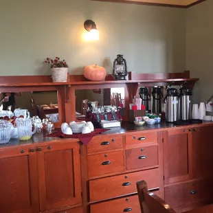 Breakfast area. Coffee, OJ, tea and water.