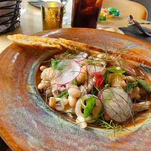 Chilled Marinated Seafood Salad with White Beans, Haricot Verts, Fennel, Cherry Peppers