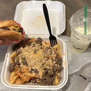 Bernie cheeseburger and Bernie french fries with Captain crunch berry shake.