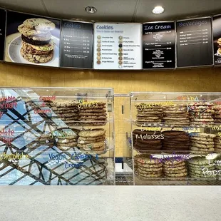 a display of cookies and pastries