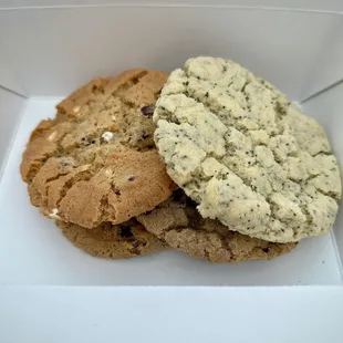 two cookies in a white box