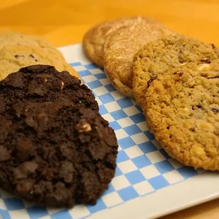 three cookies on a checkered plate