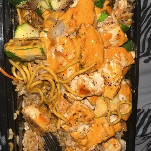 Grilled Chicken W/ Half Noodles &amp; Half Fried Rice.
