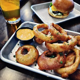 Rings, balboa beer, and smash burger.