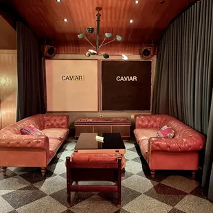 a living room with a checkered floor