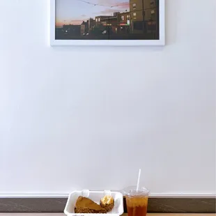 Salmon bagel, coffee glazed scone, iced tea, chocolate macaroon