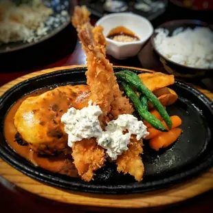 Hamburg Steak w/ Cheese + Deep Fried Shrimp