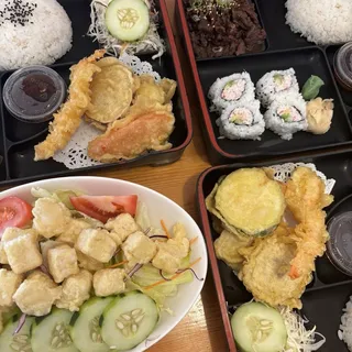Salmon Teriyaki, California Roll and Mixed Tempura