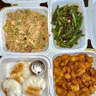 Pork bun, pork fried rice, spicy green beans, orange chicken