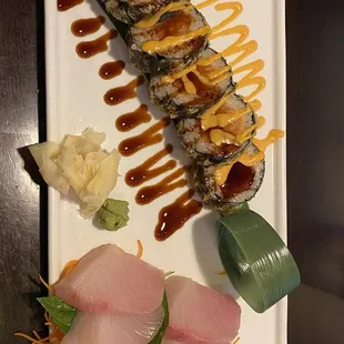 Hamachi Nigiri and a tasty roll!