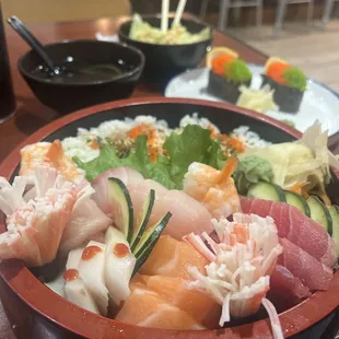 Chirashi sushi, stoplight nigiri sushi (special request), clear soup, and salad