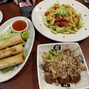 Lumpia, Smoked Salmon Salad, Takoyaki Balls