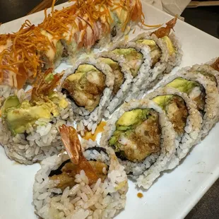 Shrimp tempura roll and Red dragon roll