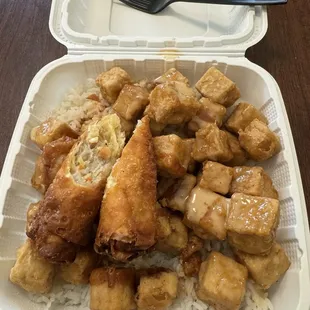 Garlic Tofu over Rice with an Egg Roll