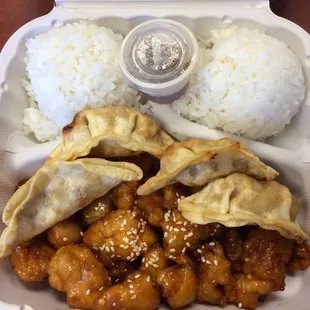 General Tao&apos;s Chicken Special with rice, gyoza and a drink.