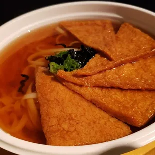 Kitsune udon ($10), vegan by default. Fine, but not amazing. Overcooked noodles. Boring broth.