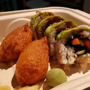 Vegan caterpillar roll ($7) with inari ($2.75 each). Roll was boring, but inari is great comfort food.
