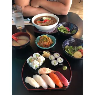 Sushi lunch, salad, miso soup, kimchi, Tokyo ramen
