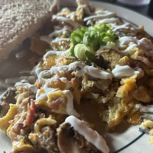 Special scramble w/ bacon, and mushrooms