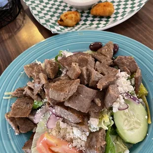 Greek Salad with Gyro Meat &amp; Jalapeño Pepper Poppers.