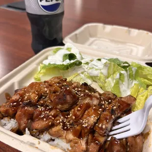 Teriyaki chicken over rice with a salad and a Diet Pepsi. I paid $11.50. Great portions and great flavor.