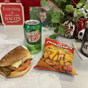 Friday's daily special. Bacon cheeseburger, choice of chips, and choice of soda fir $8.50!