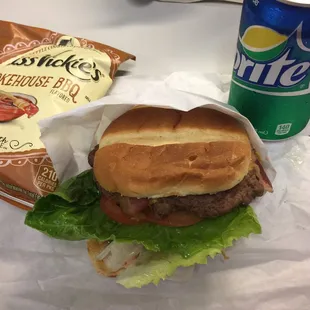 Loaded bacon cheeseburger, choice of chips, and a can soda for $7.50.