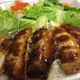 Daily special 03/19/2015. Pork cutlet (tonkatsu) with rice and a salad. Not bad for $6.50.