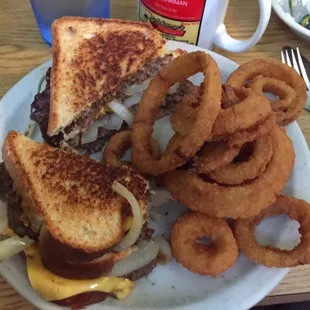 The double patty melt with onion rings.
