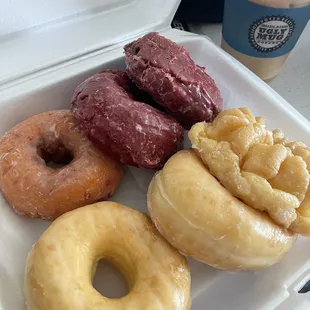 Strawberry donut, red velvet, glazed and cruller