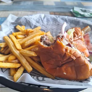Bacon Cheeseburger with fries.