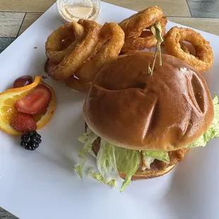 crab cake sandwich with onion rings (crabcake is fried)